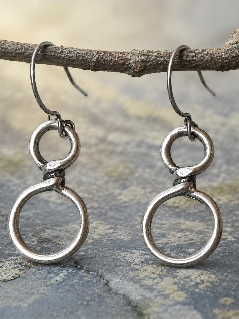 Handmade Rustic Double Circle Earrings, Antique Silver Tone Dangles